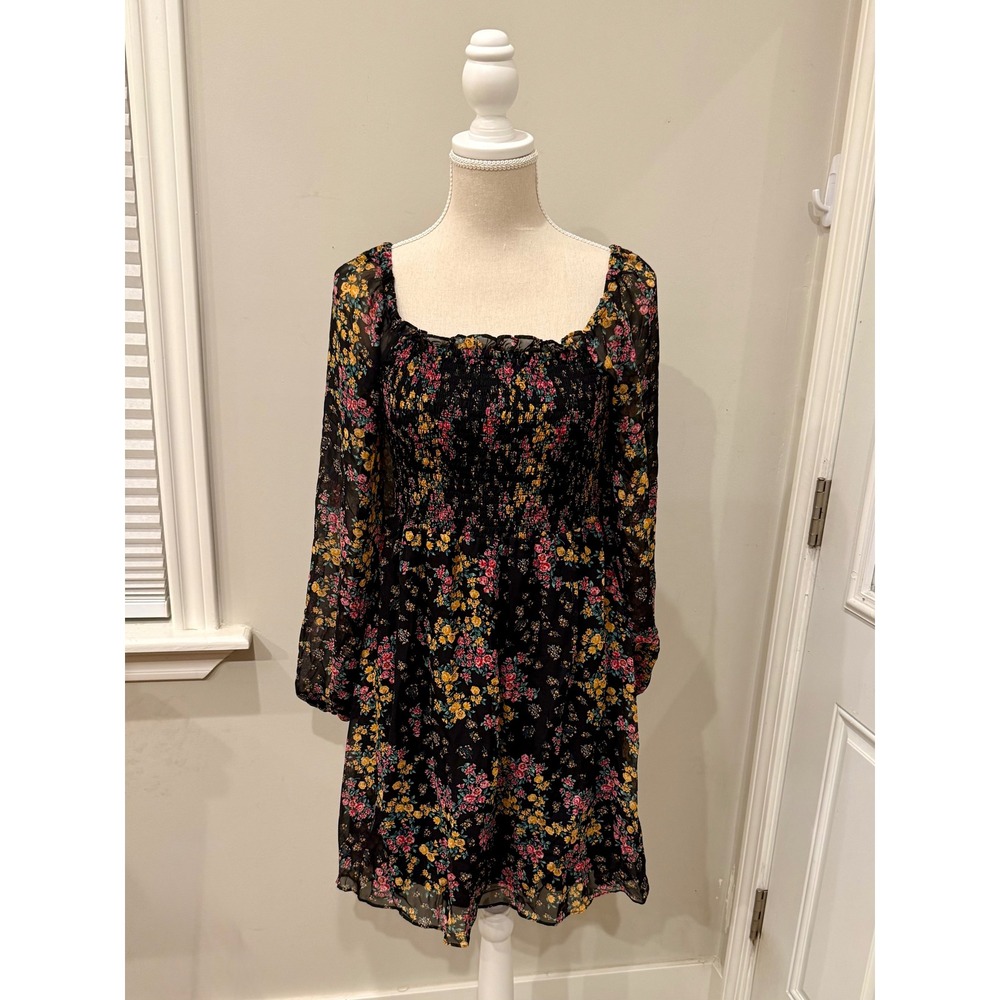 BCBG Black Floral Smocked Long Sleeve Boho Sheer Mini Dress M Whimsigoth Witchy